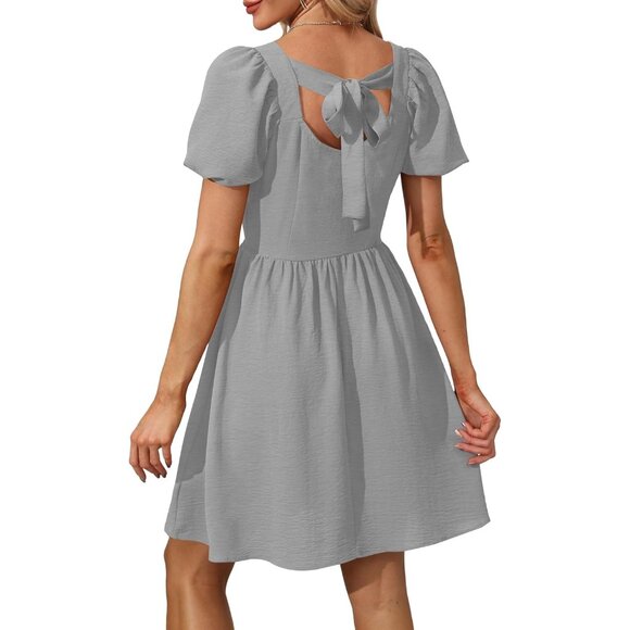 Ofeefan Women Grey Puff Sleeve Square Neck Tie in Back Dresses with Zipper - Picture 4 of 4